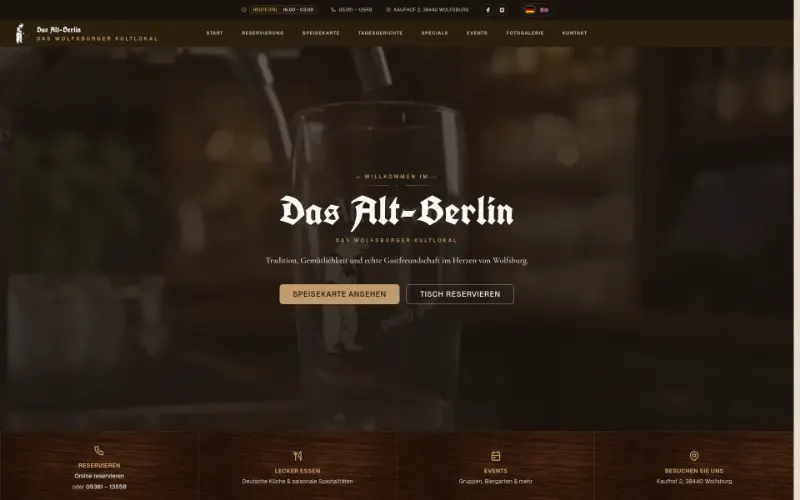 Website des Alt-Berlin mit Speisekarte und Tischreservierung